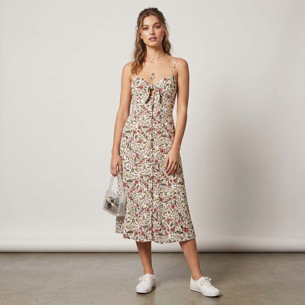 Floral Smocked Spaghetti Strap Button Front Midi Dress M Wedding Guest Summer
